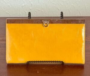 Vintage Mustard Yellow Frame Wallet, Accordion Clutch Organizer, Turn Lock